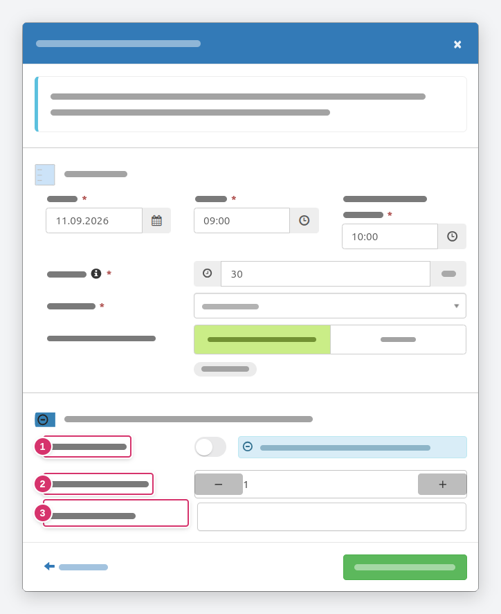 Create available time range · (1) Group appointments · (2) Participants per appointment · (3) Provided location